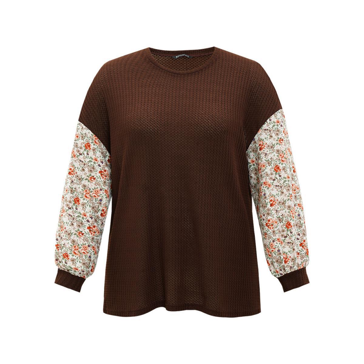 Plus Size Ditsy Floral Patchwork Lantern Sleeve Waffle Knit Sweatshirt Women DarkBrown Elegant Round Neck Dailywear Sweatshirts BloomChic 10/M Product Image