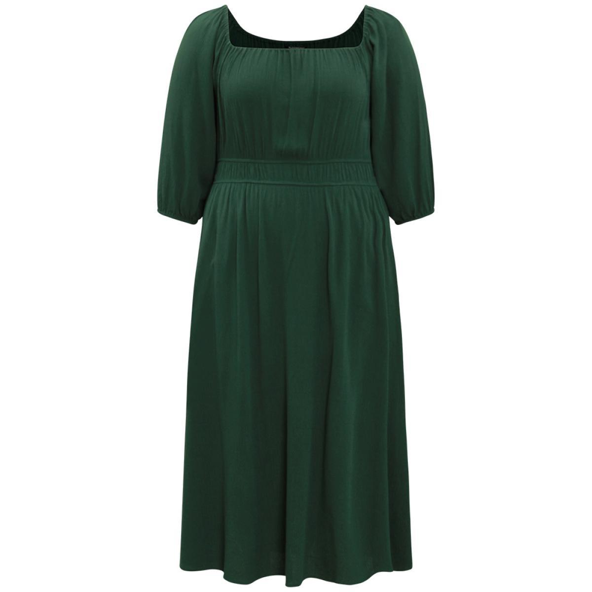 Plus Size Square Neck Gathered Elastic Waist Rayon Dress DarkGreen Women Casual Elastic cuffs Square Neck Elbow-length sleeve Curvy Midi Dress BloomChic 22-24/3X Product Image