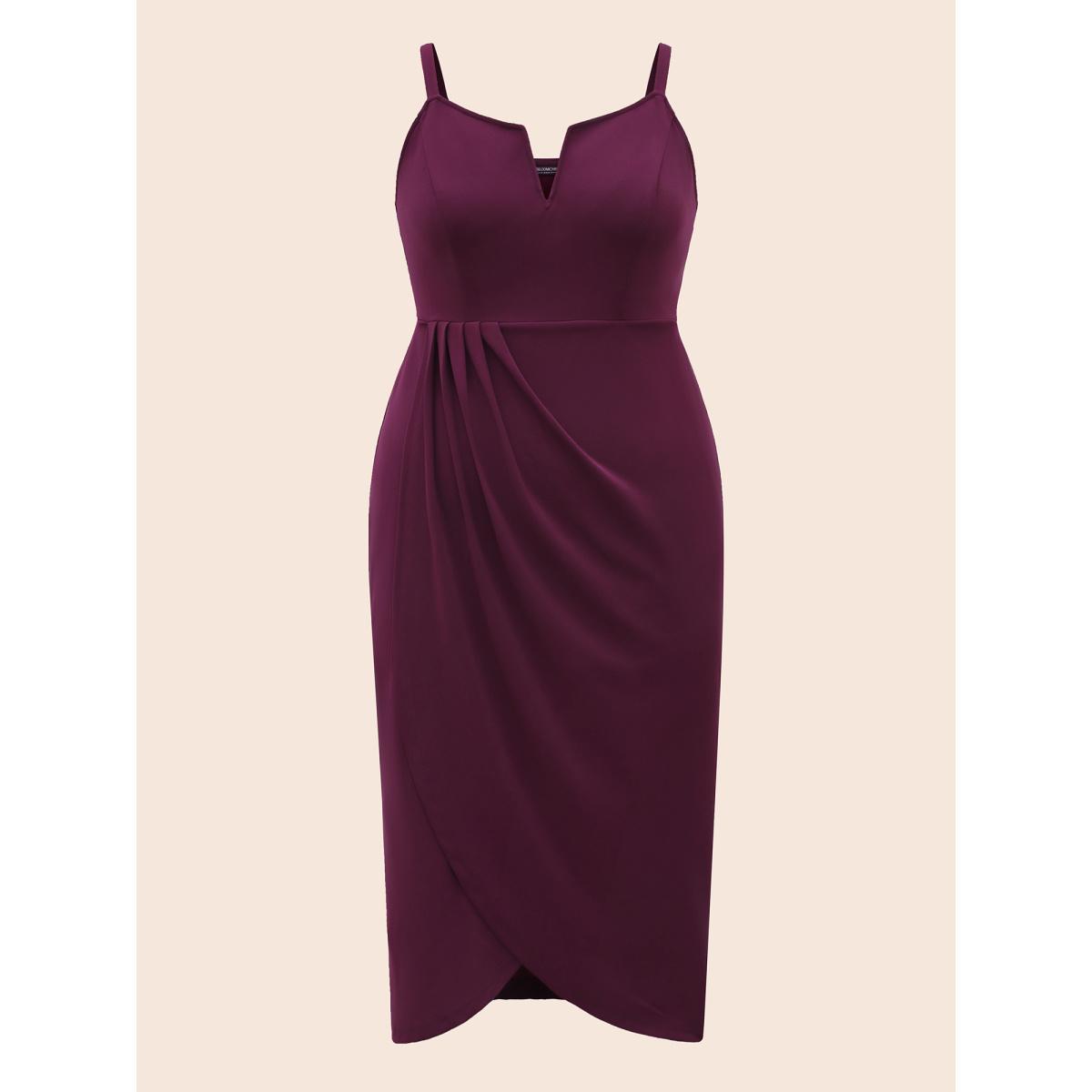 Plus Size Plain Notched Pleated Detail Spaghetti Strap Wrap Hem Dress Eggplant Women Cocktail Adjustable Straps Heart neckline Sleeveless Curvy Midi Dress BloomChic 30/6X Product Image