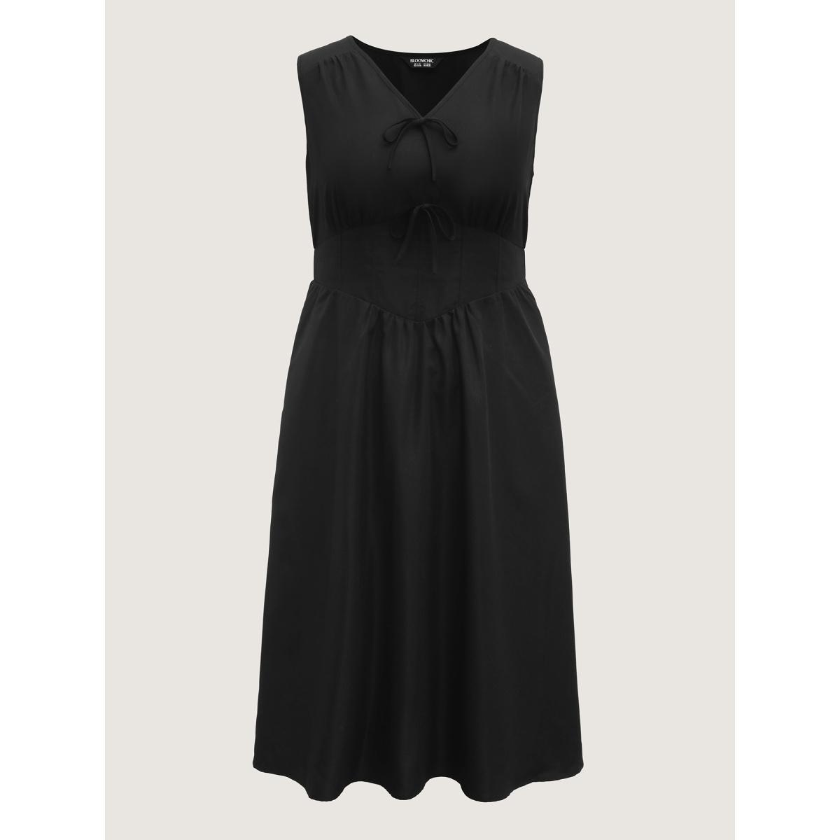 Plus Size Bow Tie Drop Waist Shirred Midi Dress Black Women Tie knot V-neck Sleeveless Curvy BloomChic 10/M Product Image