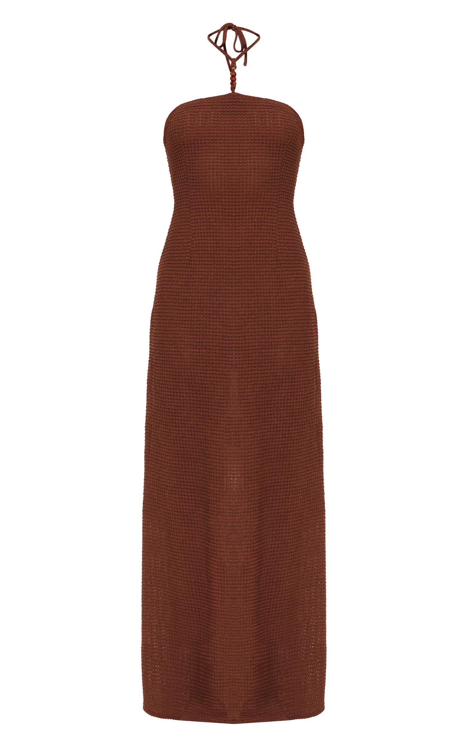Petite Mocha Crochet Bead Trim Halter Neck Maxi Beach Dress Product Image