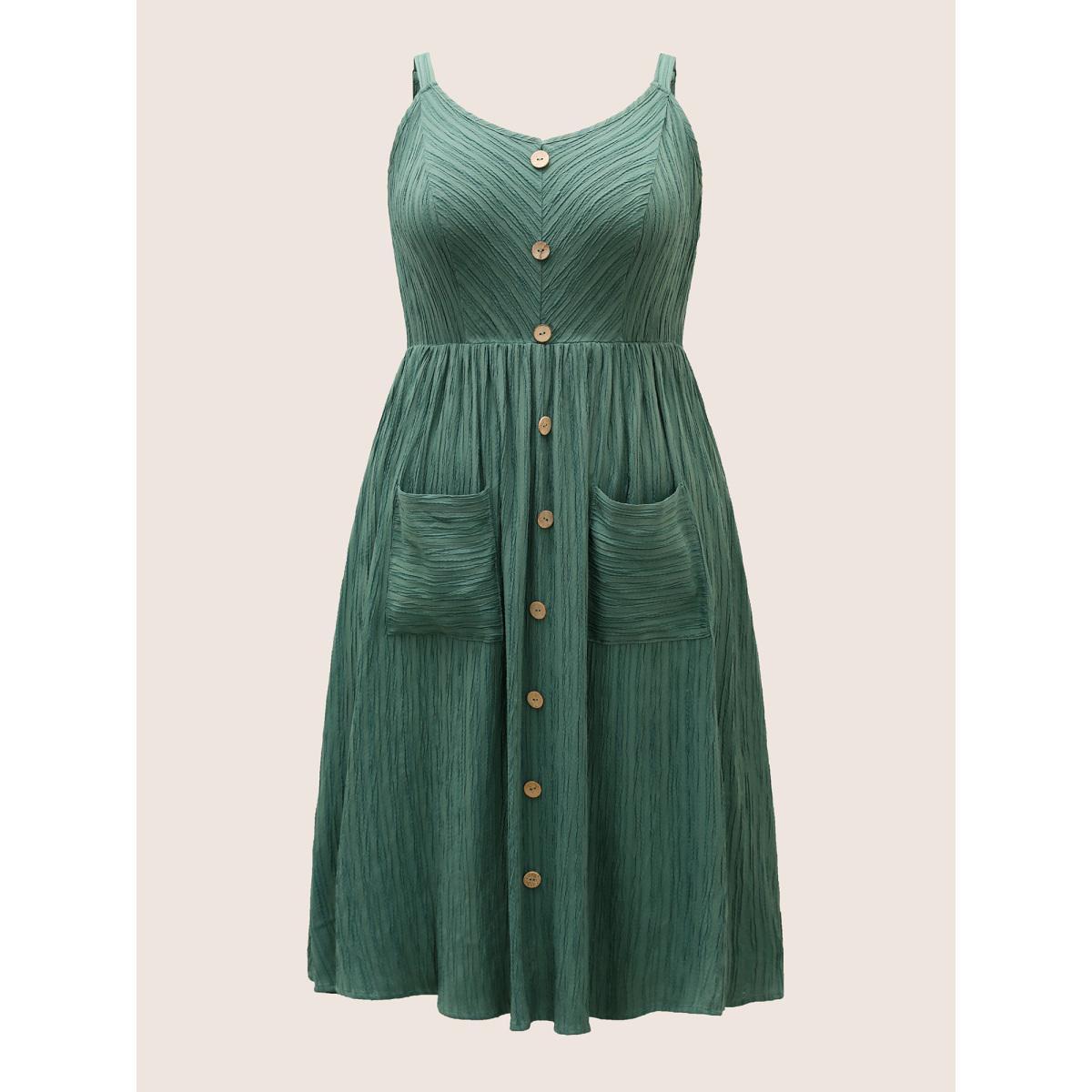 Plus Size Plain Textured Button Detail Cami Dress Emerald Women Casual Texture Non Sleeveless Curvy Midi Dress BloomChic 14-16/1X Product Image