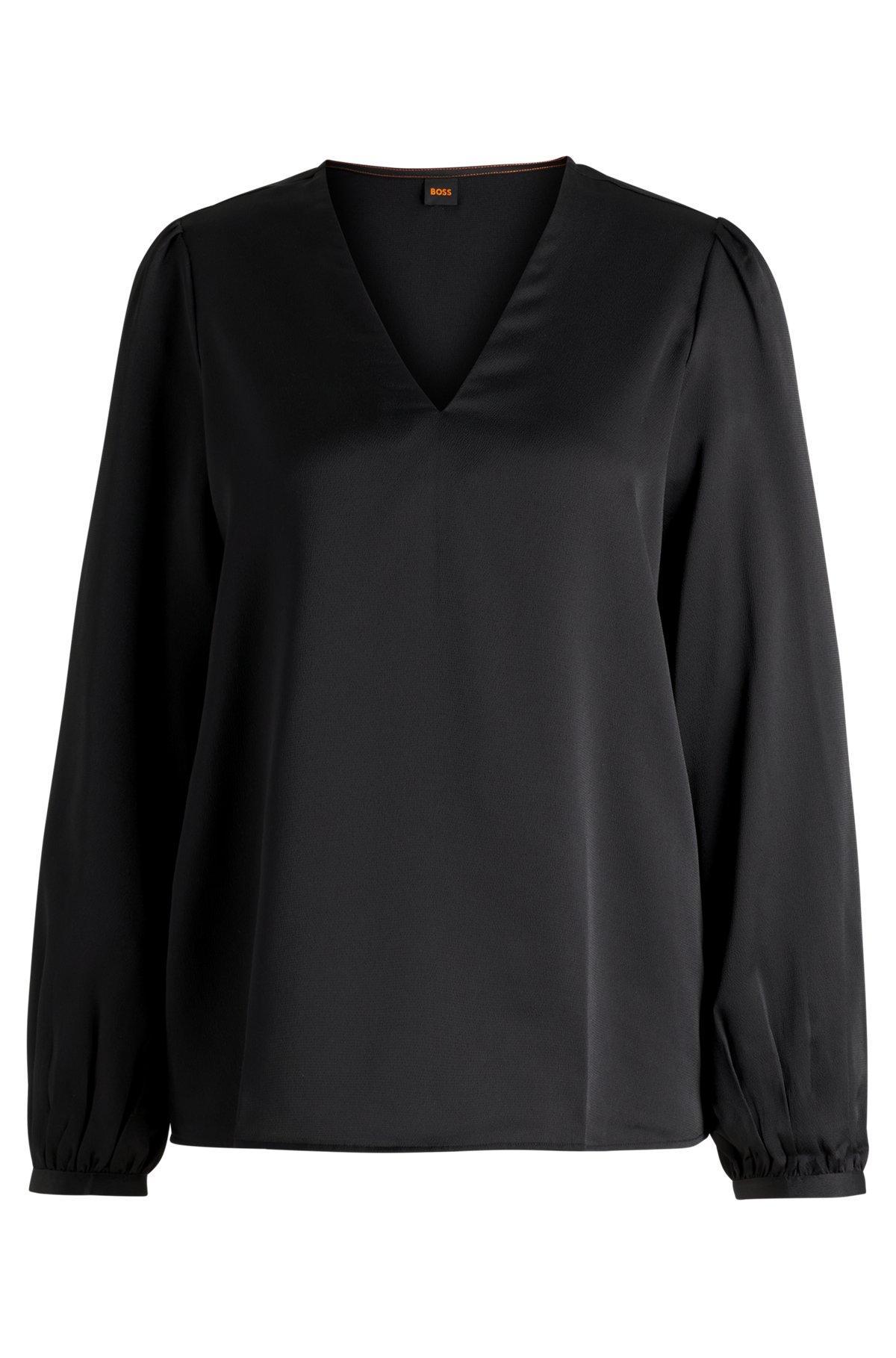 BOSS - Regular-fit blouse with V neckline in hammered satin - Black Product Image