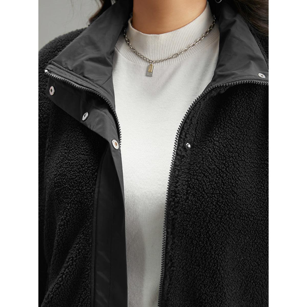 Plus Size Solid Patchwork Button Up Pocket Zipper Jacket Women Black Zipper Pocket Dailywear Jackets BloomChic 30/6X Product Image