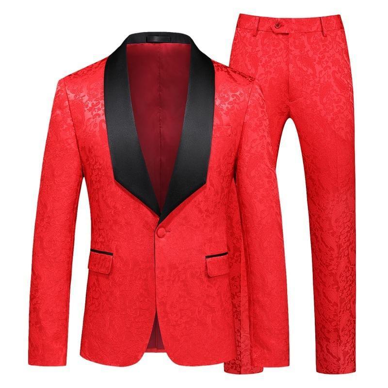 Set: Shawl Lapel Paisley Print Single-Button Blazer + Tapered Dress Pants Product Image