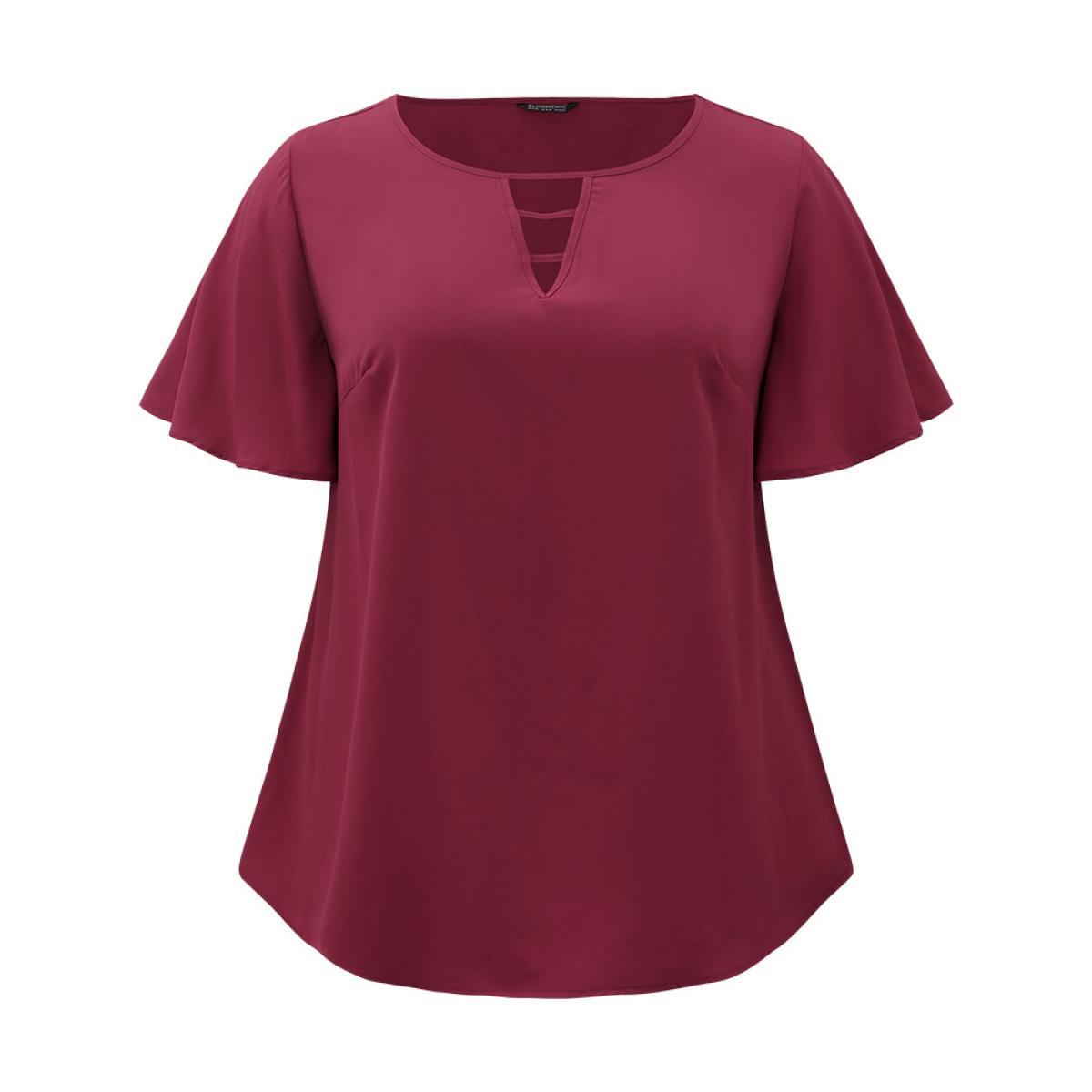 Plus Size Indigo Plain Ruffle Sleeve Cut Out Blouse Women Office Short sleeve Keyhole Cut-Out Work Blouses BloomChic 26/4X Product Image