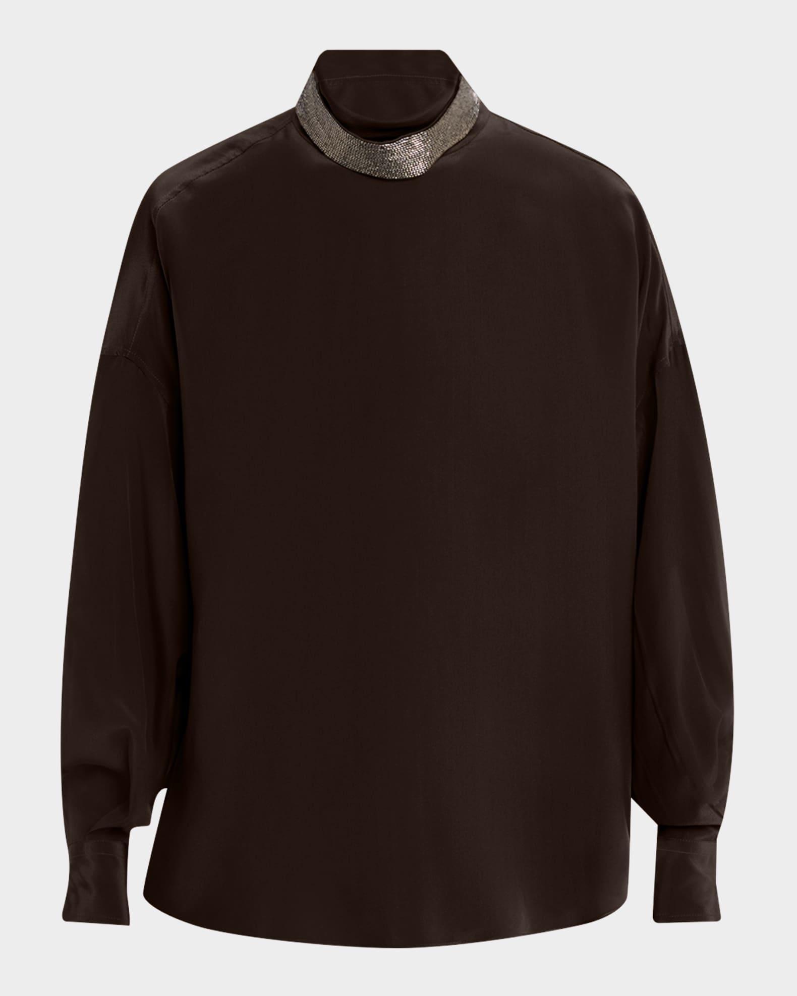 Crepe De Chine Long-Sleeve Blouse With Removable Thick Monili Collar Product Image