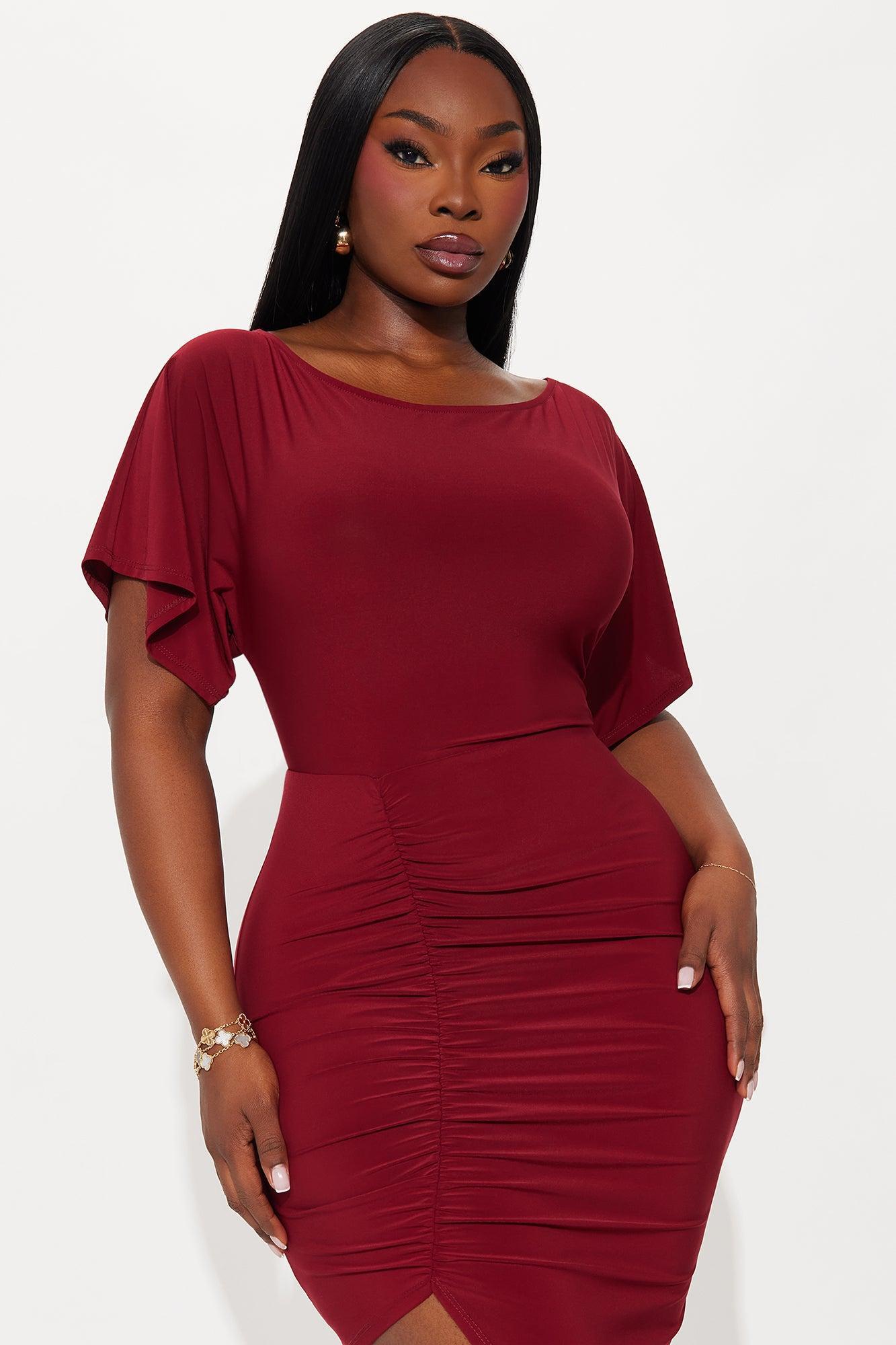 Maddison Short Sleeve Ruched Midi Dress - Burgundy Product Image