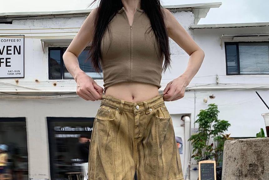 Mid Waist Flame Print Washed Wide Leg Cargo Jeans Product Image