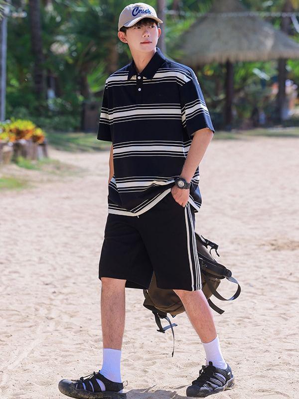 Set: Short-Sleeve Collar Striped T-Shirt + Shorts Product Image