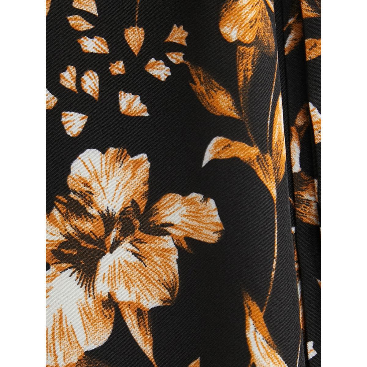 Plus Size Floral Pocket Bell Sleeve Belted Split Flutter Dress Black Women Elegant Pocket V-neck Long Sleeve Curvy Midi Dress BloomChic 14-16/1X Product Image