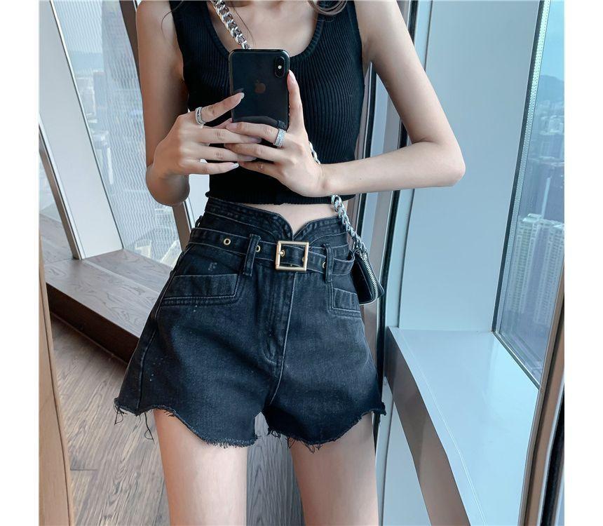 High Waist Washed Belted Fray Denim Shorts Product Image