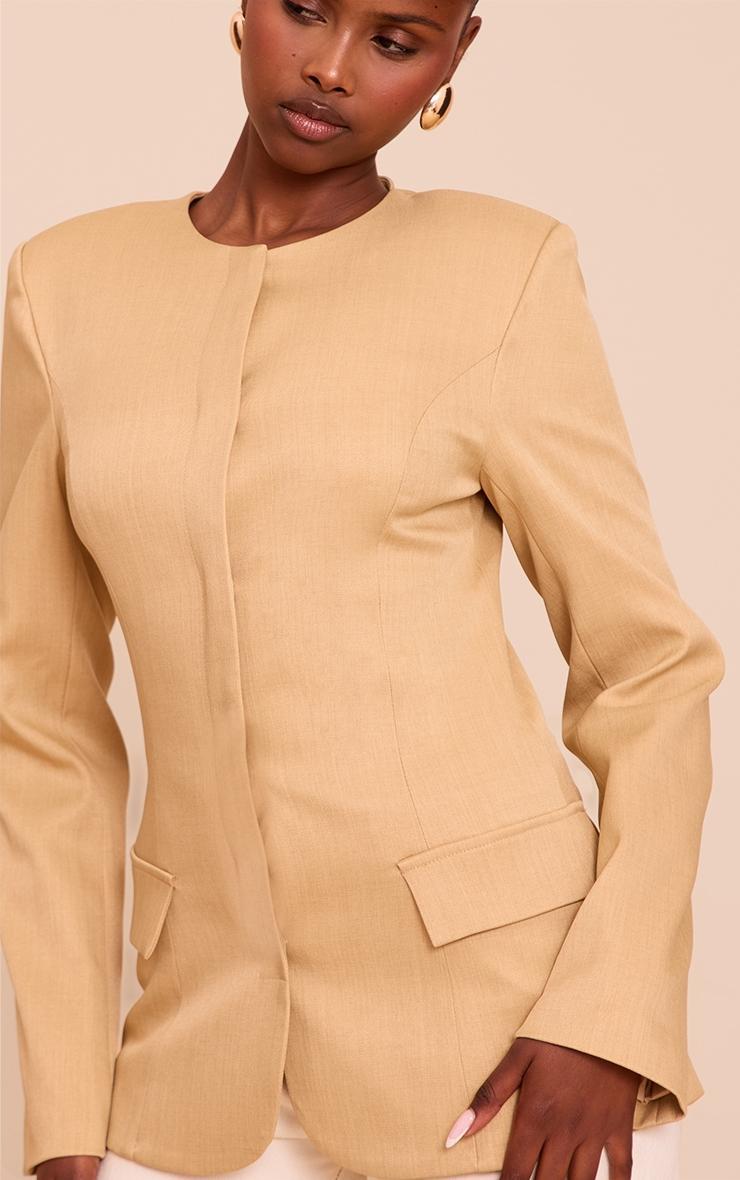  Sand Collarless Cinched Waist Boxy Blazer Product Image