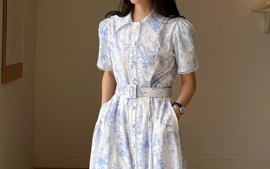 Short-Sleeve Collared Print Midi A-Line Dress Product Image