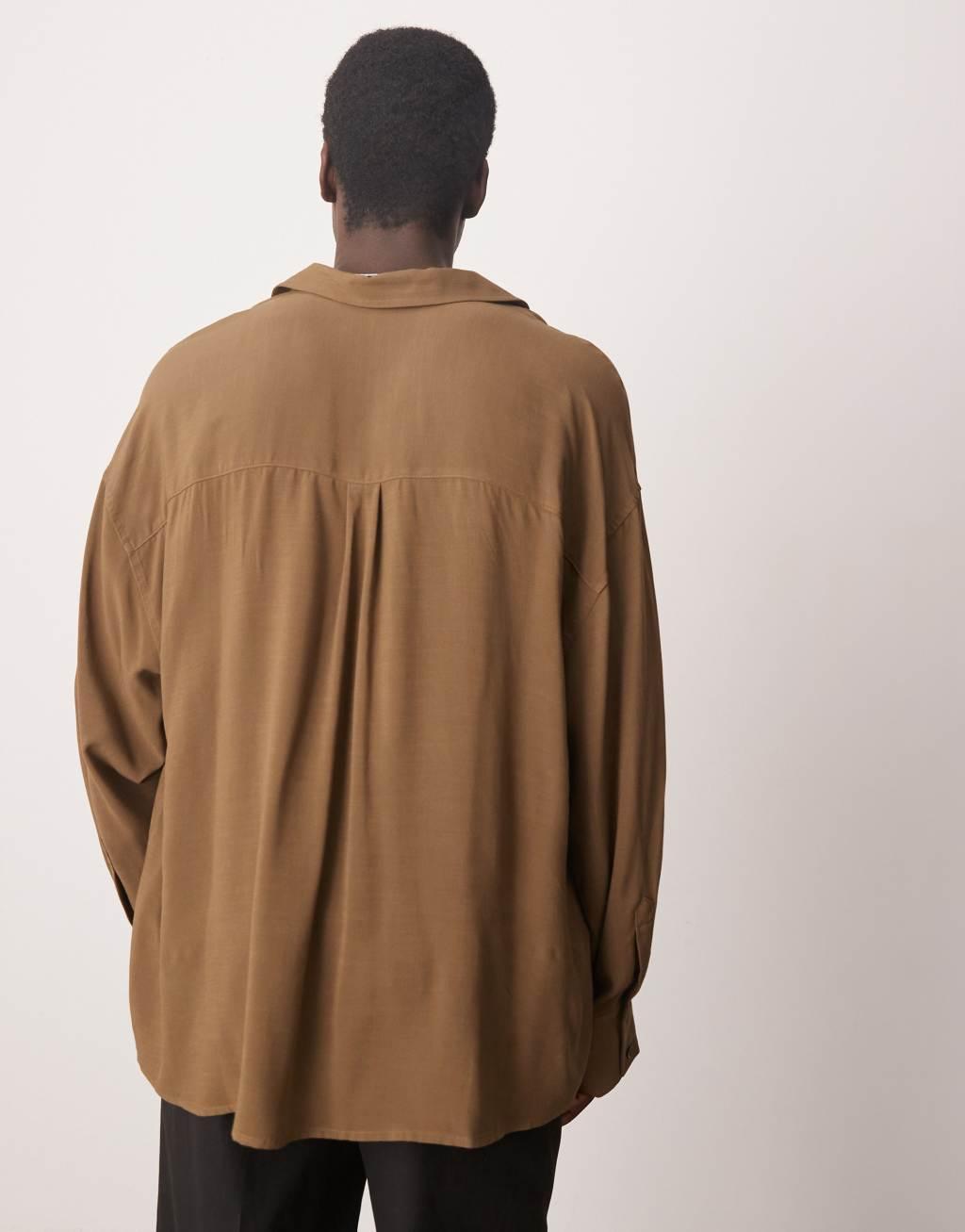 ASOS DESIGN volume oversized shirt with baggy sleeves in brown Product Image