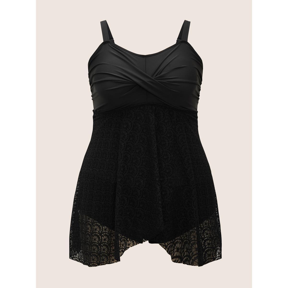 Plus Size Crochet Lace Mesh Twist Swim Dress Women's Swimwear Black Beach Bodycon Heart neckline High stretch Curve Swim Dresses BloomChic 26/4X Product Image