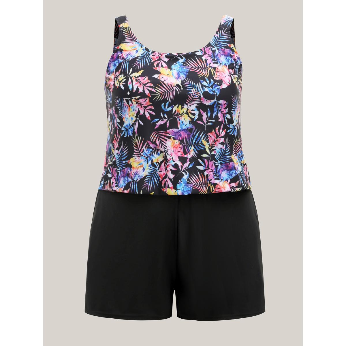 Plus Size Tropical Print Slit One-Piece Swimsuit Women's Swimwear BlackFlower Beach Patchwork Curve Bathing Suits High stretch One Pieces BloomChic 12/L Product Image