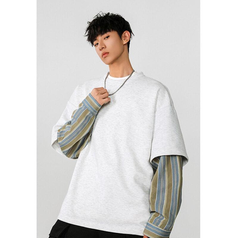 Mock Two-Piece Crew Neck Striped Panel Sweatshirt Product Image