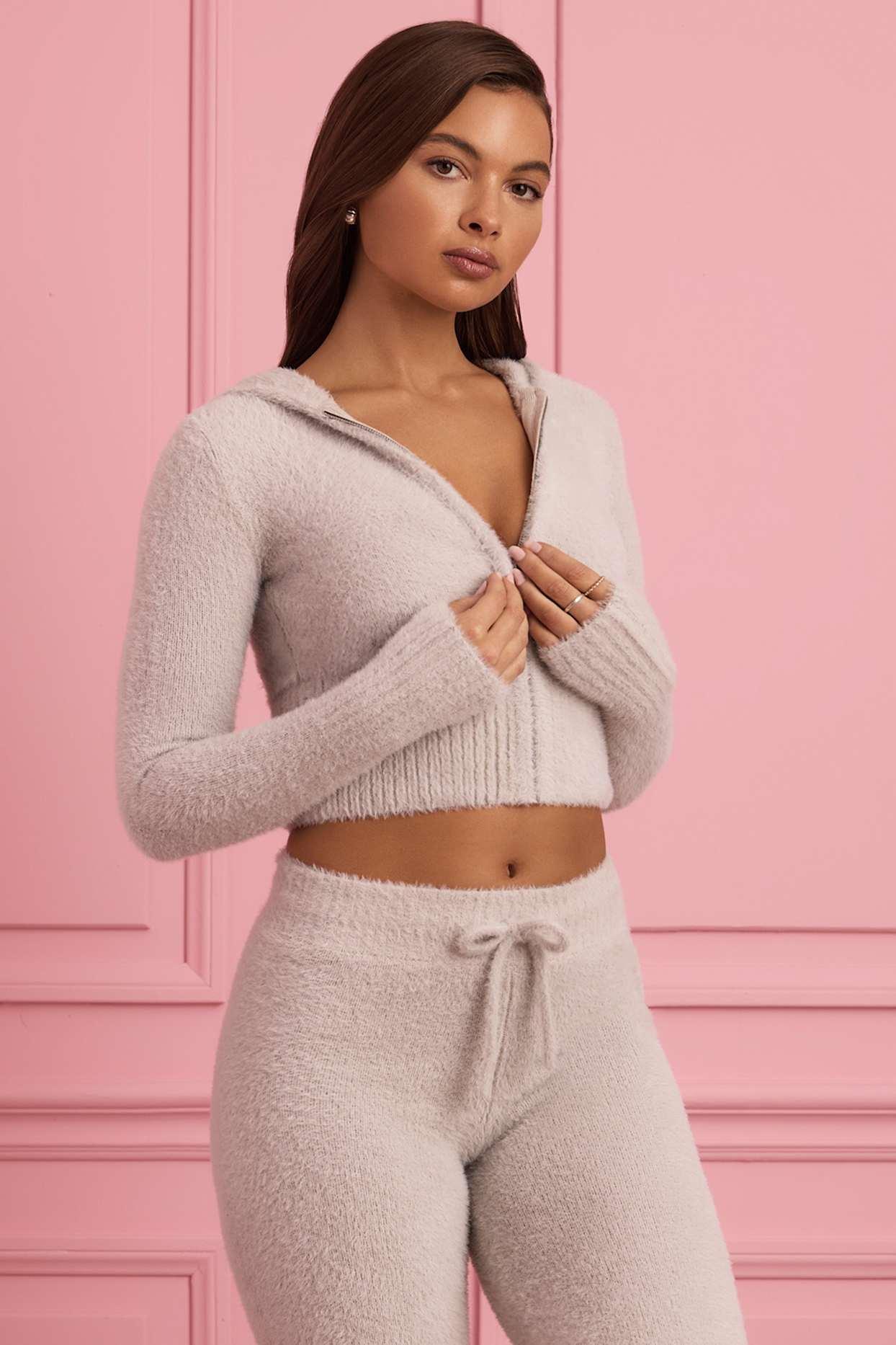Fluffy Knit Zip-Up Hoodie in Cloud Grey Product Image
