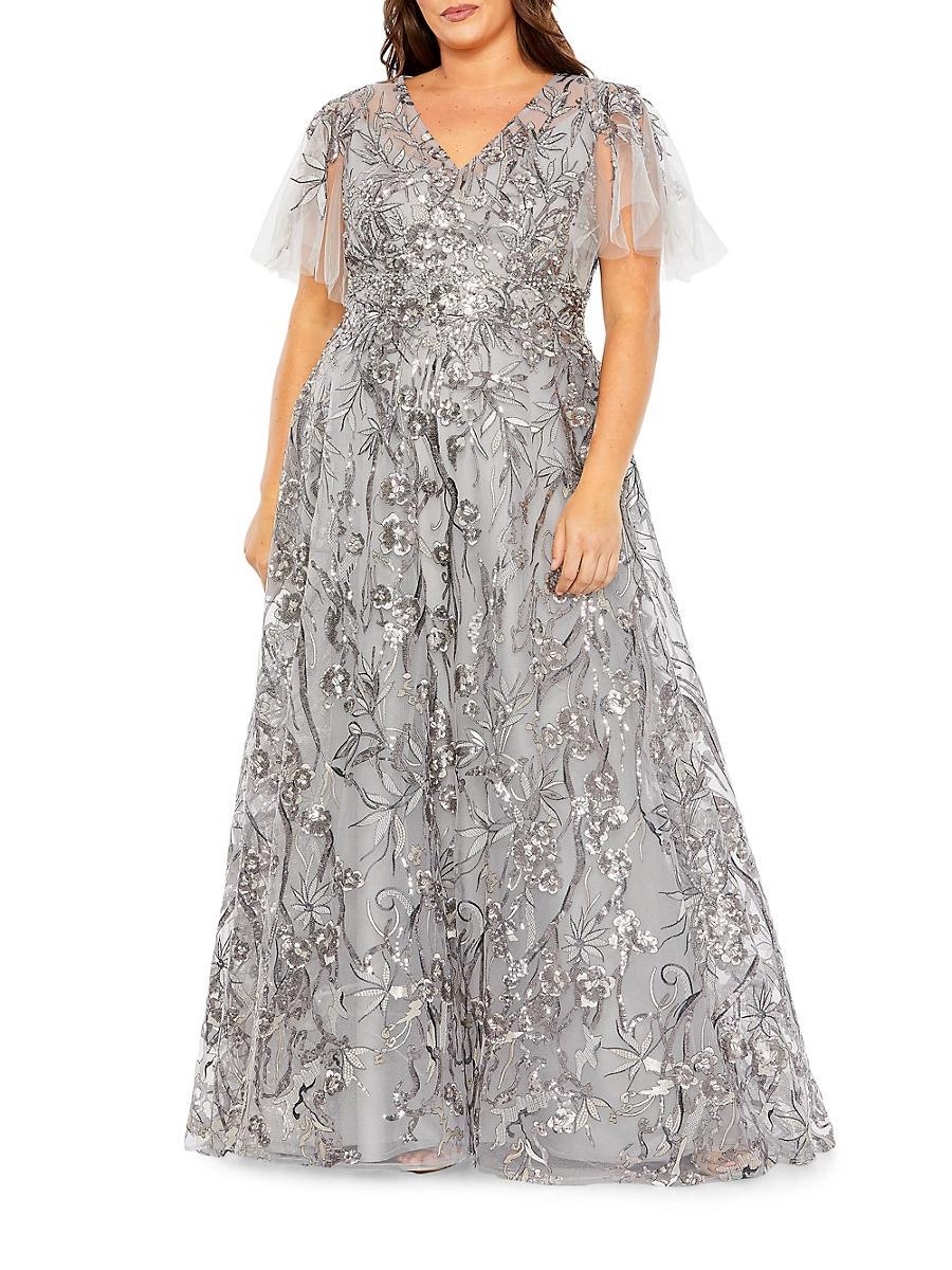 Womens Plus Fabulouss Flutter-Sleeve Embellished Gown Product Image