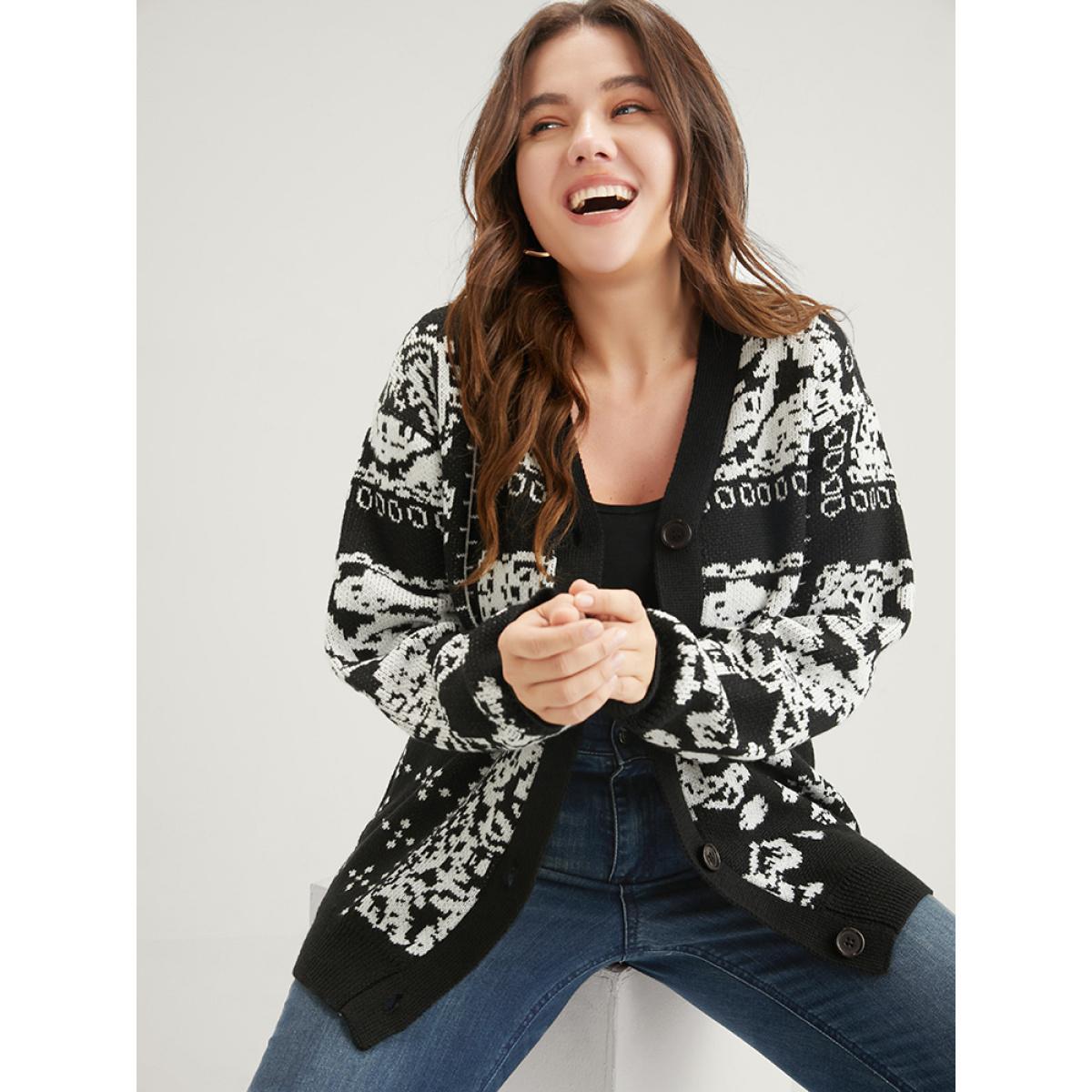 Plus Size Bandana Super Soft Knit Button Front Jacquard Cardigan BlackFlower Women Casual Long Sleeve Dailywear Cardigans BloomChic 18-20/2X Product Image