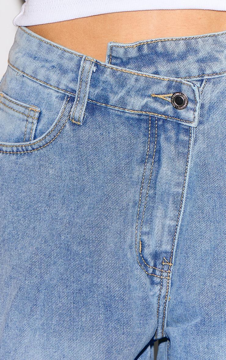 Light Blue Wash Asymmetric Waistband Baggy Low Rise Thigh Split Boyfriend Jeans Product Image
