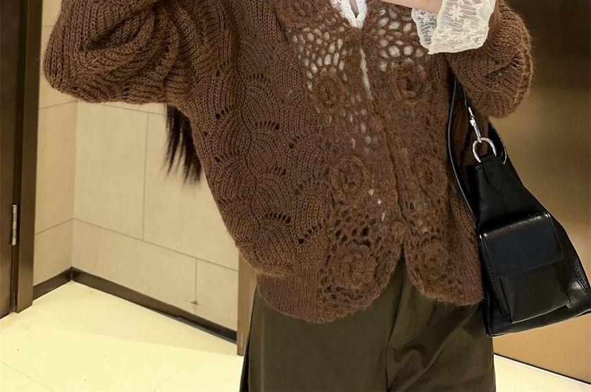 Puff-Sleeve Flower Embroidered Lace Blouse / V-Neck Plain Flower Detail Pointelle Knit Cardigan Product Image