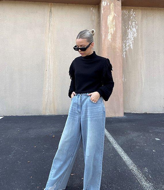 C&V Chelsea & Violet Raw Edge Frayed Hem Wide Leg Denim Jeans Product Image