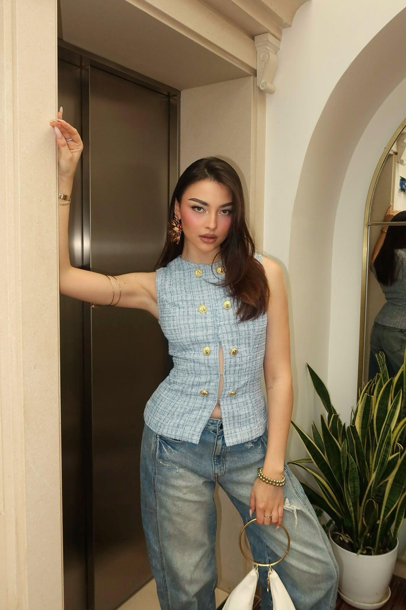 Elegant Love Tweed Vest Top - Blue Product Image