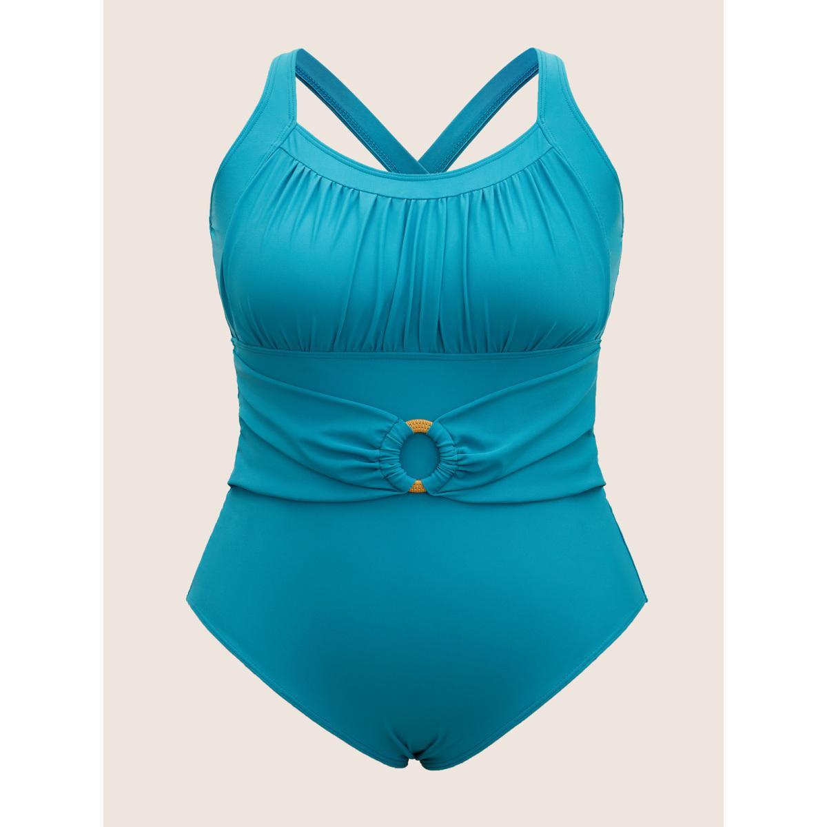 Plus Size Solid Buckle Detail Gathered One Piece Swimsuit Women's Swimwear Teal Beach Non Curve Bathing Suits High stretch One Pieces BloomChic 18-20/2X Product Image