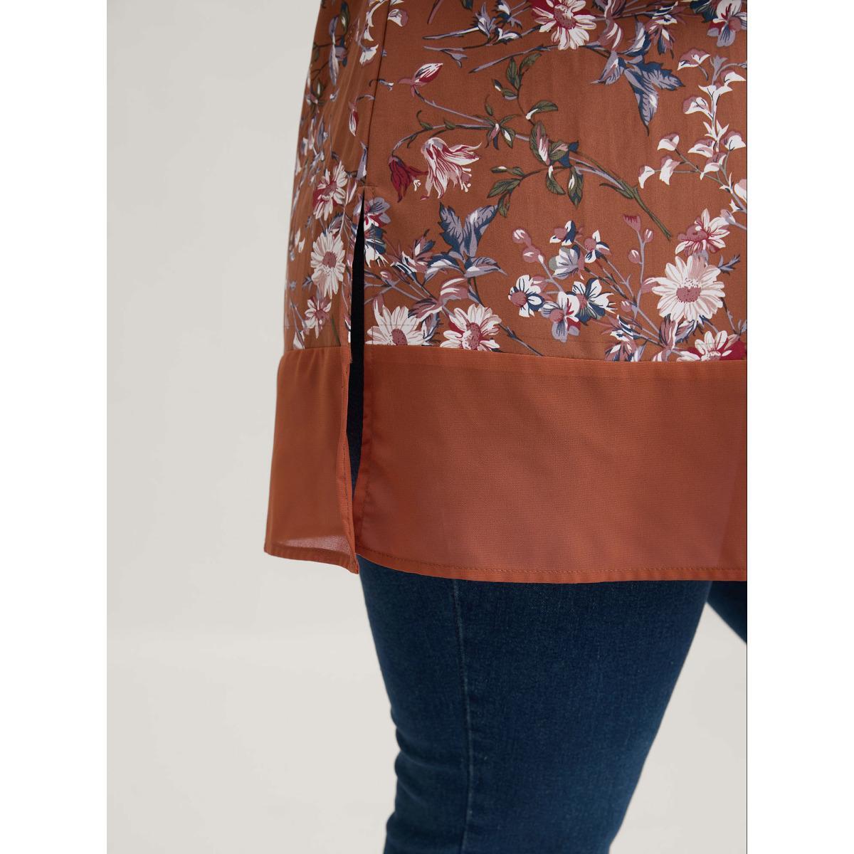 Plus Size Browncoffeecolor Garden Print Spliced V-Neck Blouse Women Elegant Short sleeve V-neck Everyday Blouses BloomChic 22-24/3X Product Image