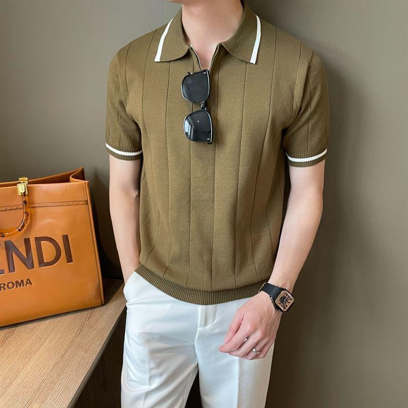 Short-Sleeve Collared Contrast Trim Half-Zip Knit Top Product Image