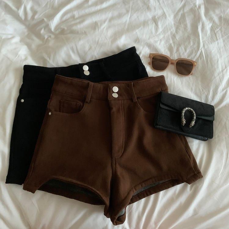 High Waist Plain Asymmetrical Denim Hot Pants Product Image