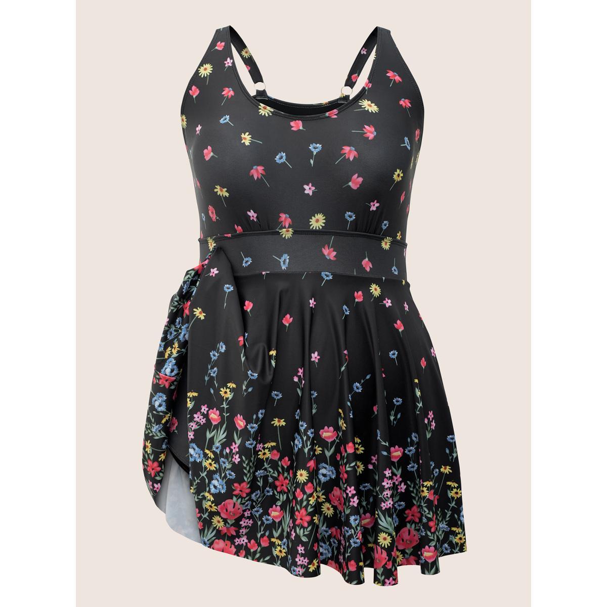 Plus Size Ditsy Floral Lined Spaghetti Strap Swim Dress Women's Swimwear Black Beach Bodycon U-neck High stretch Curve Swim Dresses BloomChic 12/L Product Image