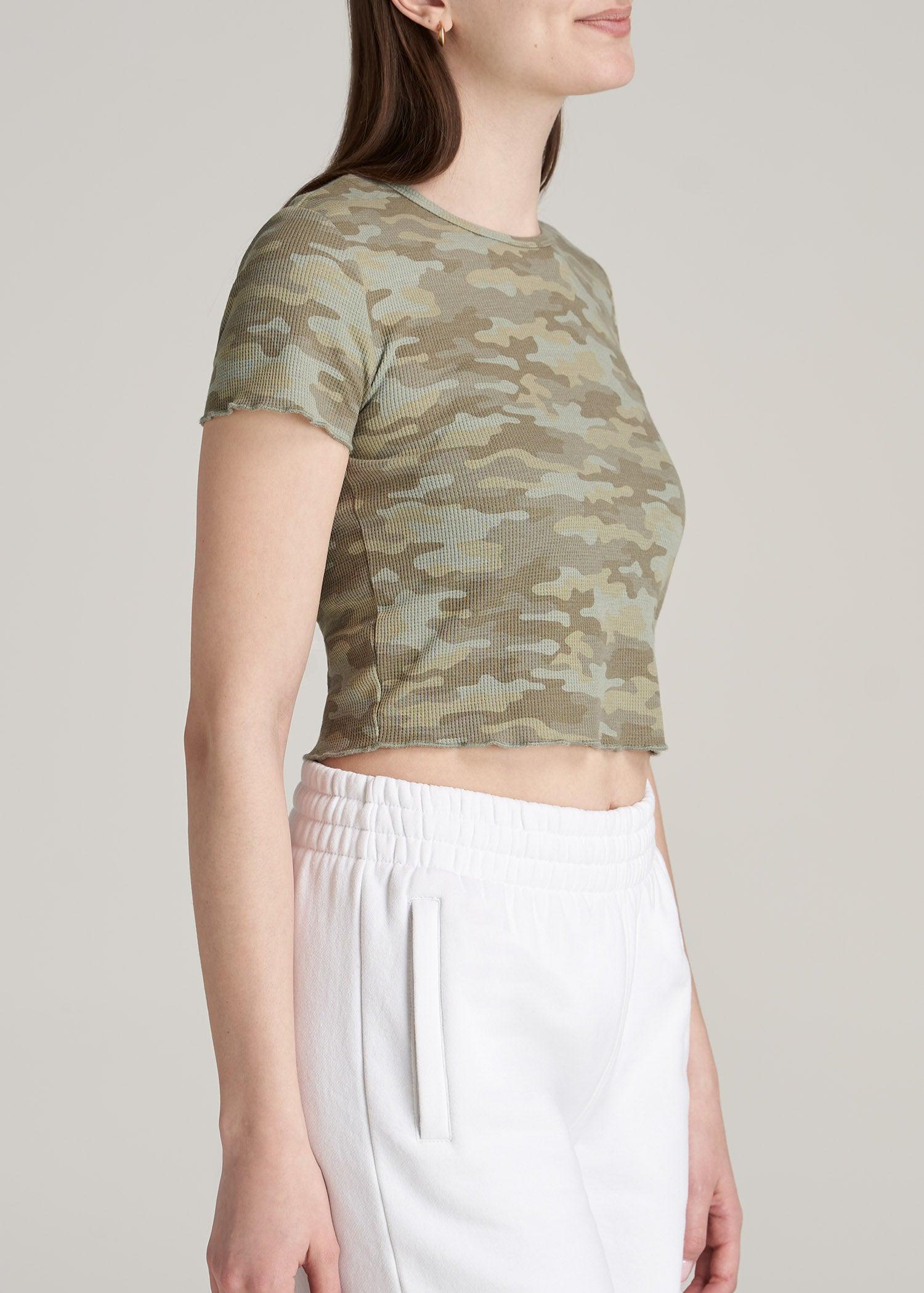Cropped Waffle Tee for Tall Women in Green Camo Print Product Image