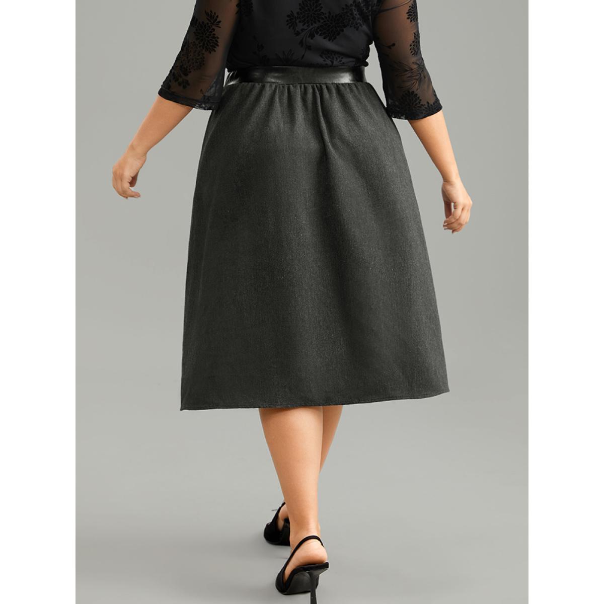 Plus Size Solid PU Patchwork Pocket Elastic Waist Skirt Women DimGray Office Texture No stretch Pocket Work Skirts BloomChic 14-16/1X Product Image