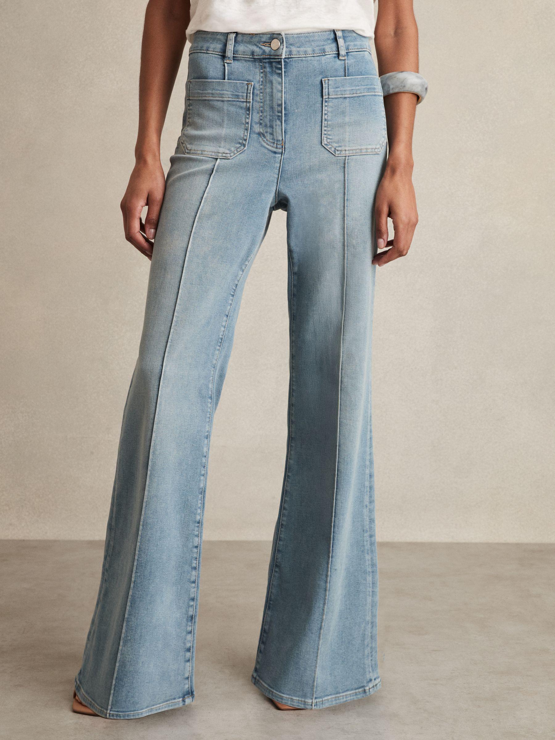 Petite Straight-Leg Patchwork Jeans in Mid Blue Product Image