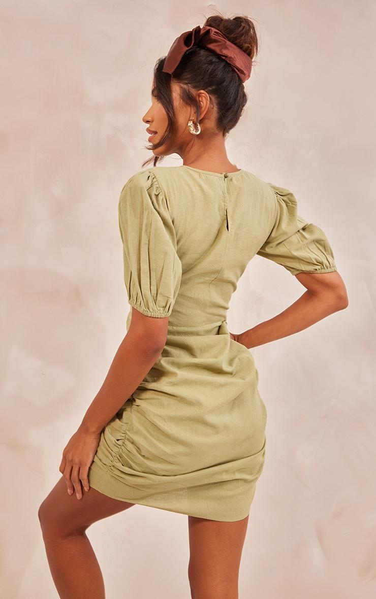 Khaki Linen Scoop Neck Ruched Skirt Bodycon Dress Product Image