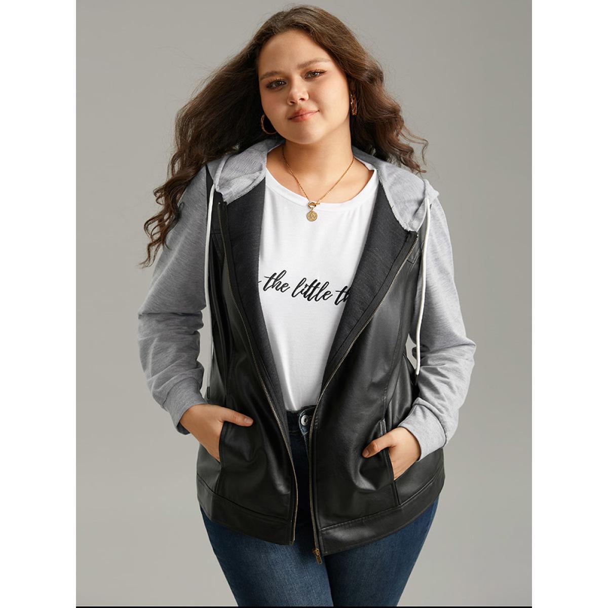 Plus Size PU Leather Zipper Hooded Drawstring Jacket Women Black Contrast Pocket Everyday Jackets BloomChic 28/5X Product Image