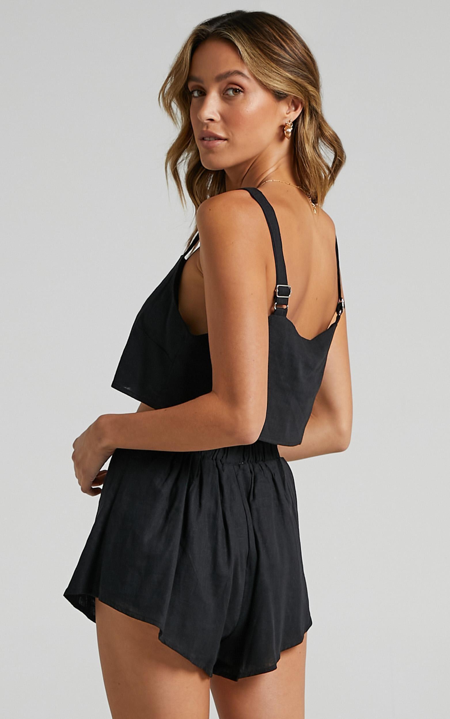 Zanrie Two Piece Set - Linen Square Neck Crop Top and High Waist Mini Flare Shorts Set in Black Product Image