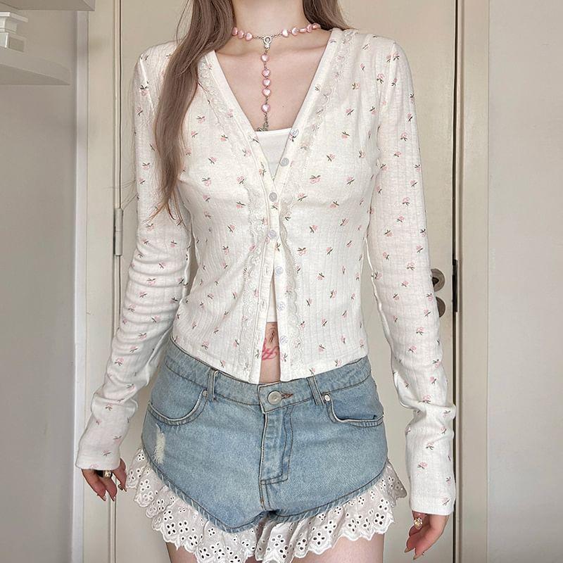 V-Neck Floral Embroidered Lace Trim Button-Up Cardigan Product Image