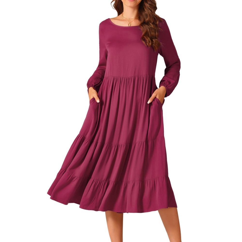 Seta T Women's Fall Casual Crewneck Flowy Tiered Boho Maxi Dress with Pockets Product Image