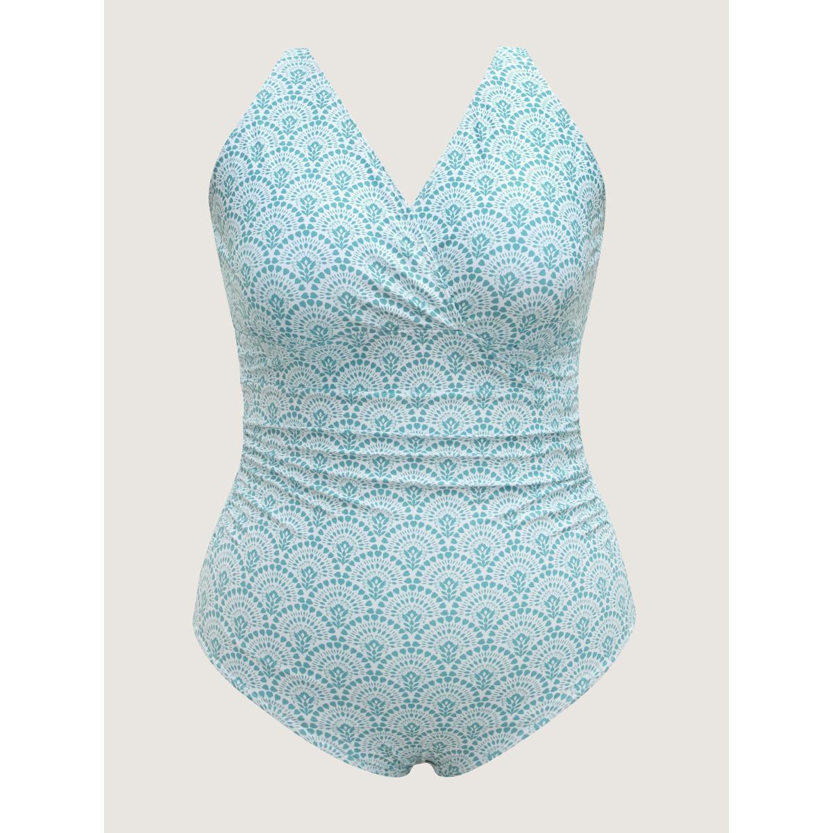 Plus Size Geometric Print Surplice One-Piece Swimsuit Women's Swimwear Emerald Beach Gathered Curve Bathing Suits High stretch One Pieces BloomChic 28/5X Product Image