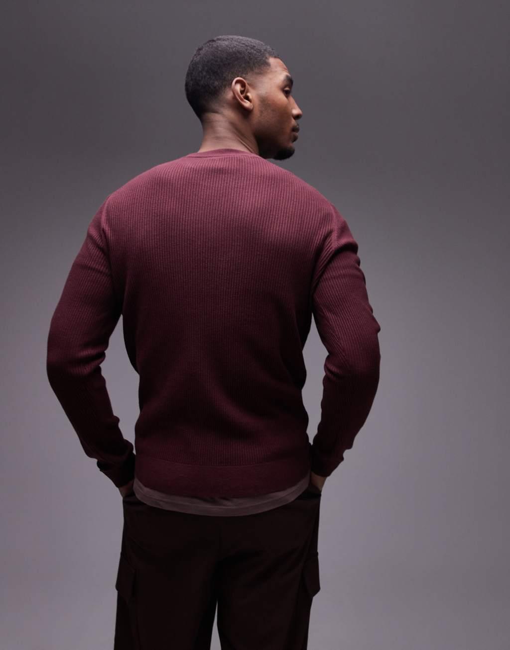 Mango round neck sweater in burgundy Product Image