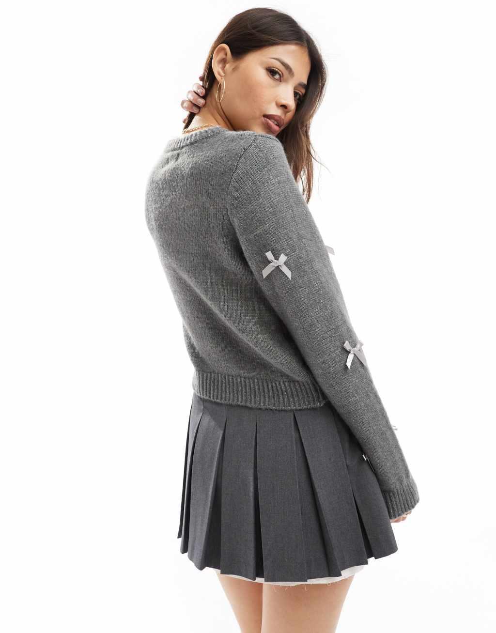 Cotton On crew neck cardigan with bow details in graphite Product Image