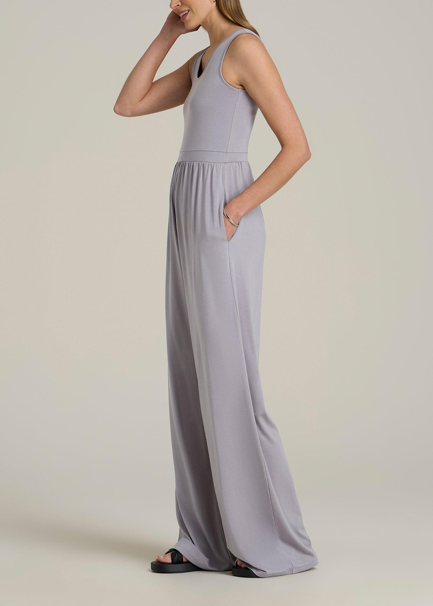 Jersey Tank Wide Leg Tall Women's Jumpsuit with Pockets in Pebble Grey Product Image