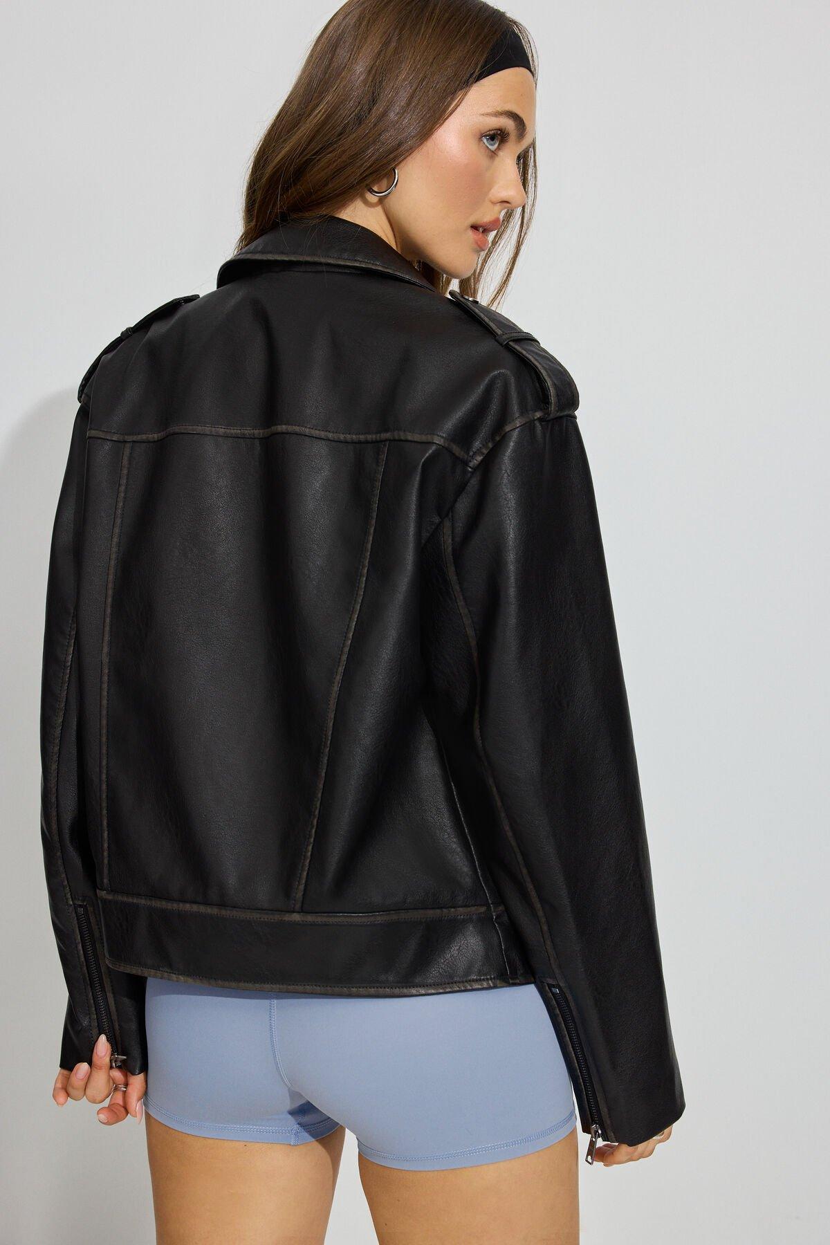 Washed Faux Leather Biker Jacket Product Image