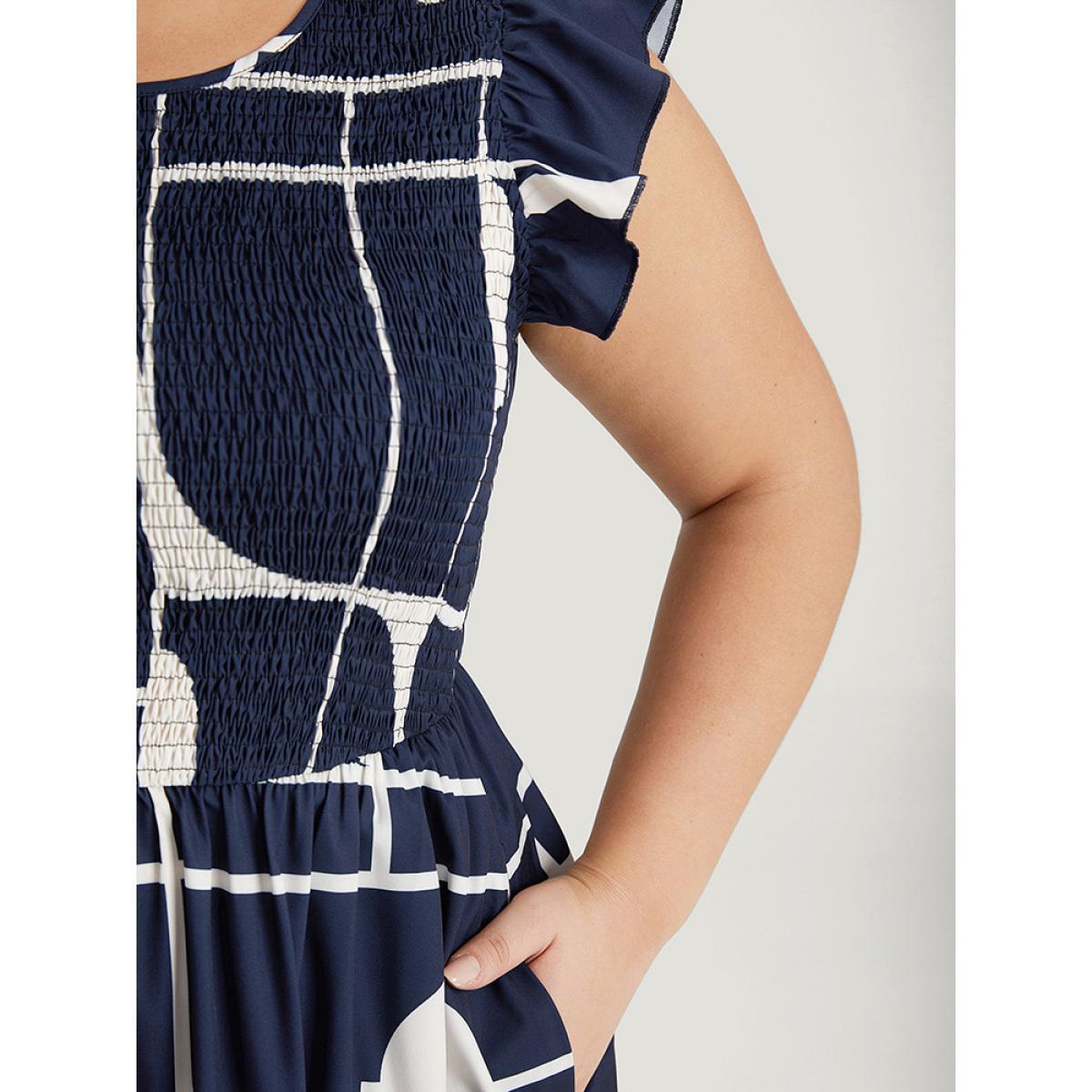 Plus Size Geometric Pocket Flutter Sleeve Shirred Dress Navy Women Office Pocket Round Neck Cap Sleeve Curvy Midi Dress BloomChic 26/4X Product Image