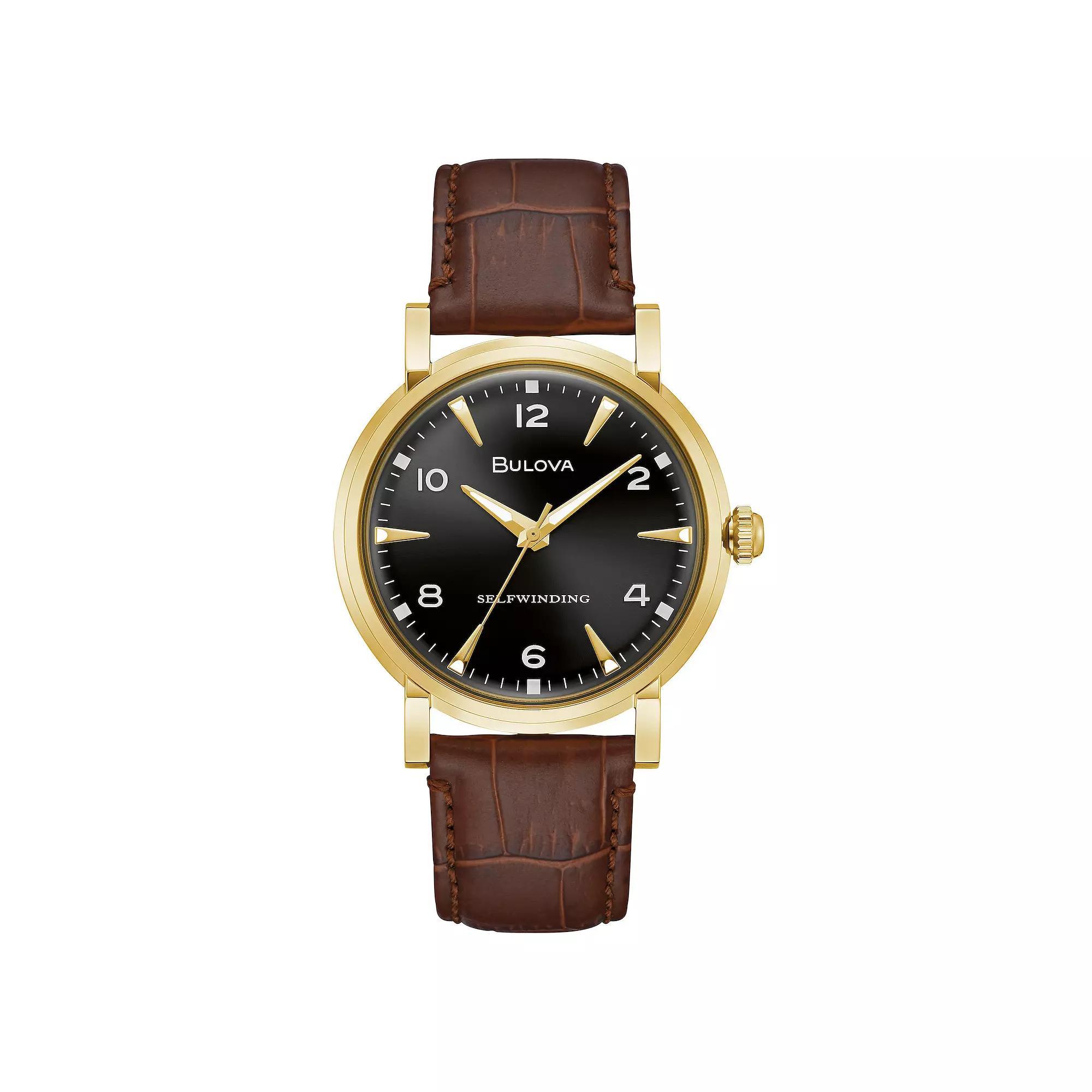 Bulova Mens American Clipper Gold Tone Stainless Steel Automatic Watch - 97A151 Brown Product Image