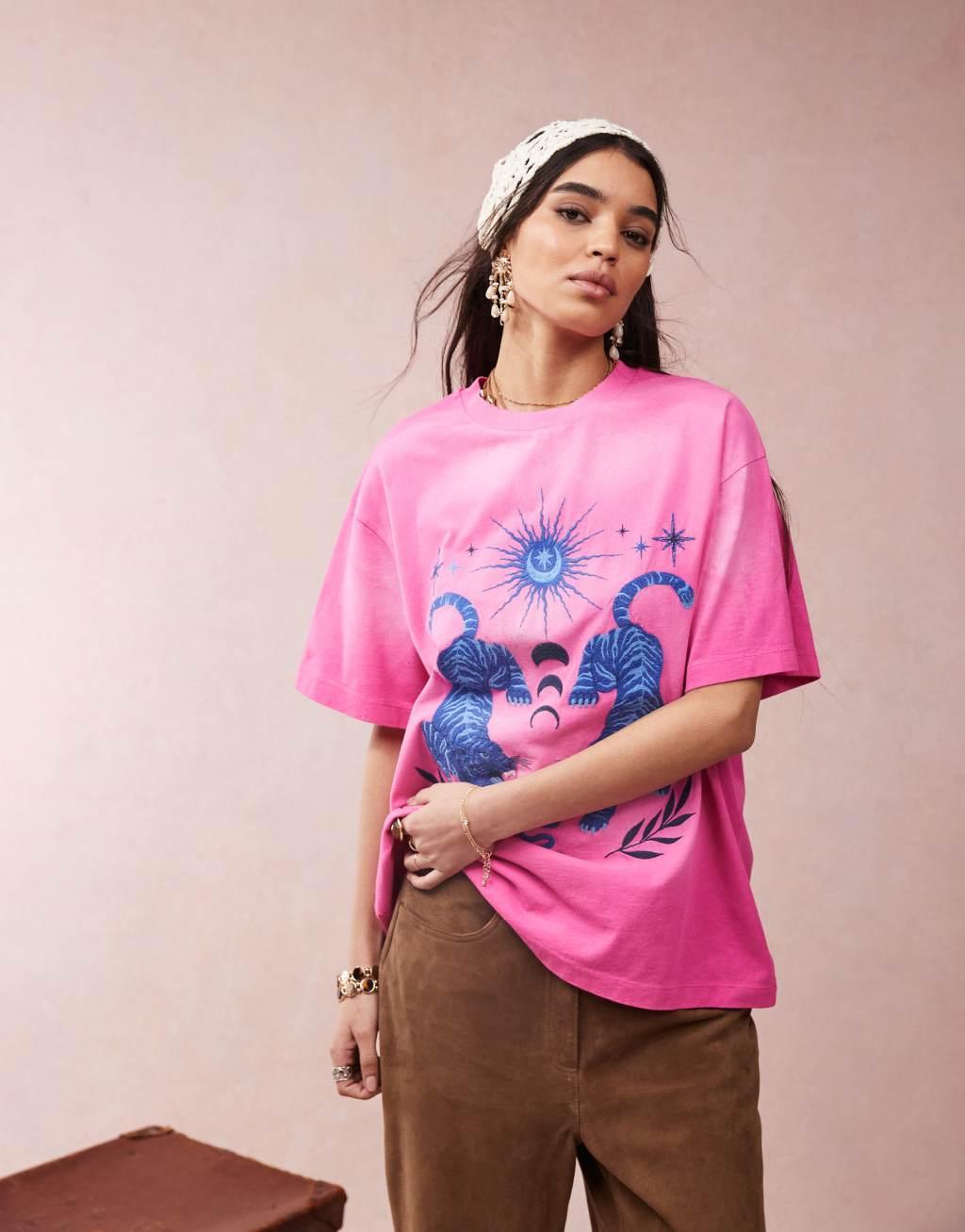 ASOS DESIGN oversized T-shirt with embroidered celestial graphic in pink Product Image